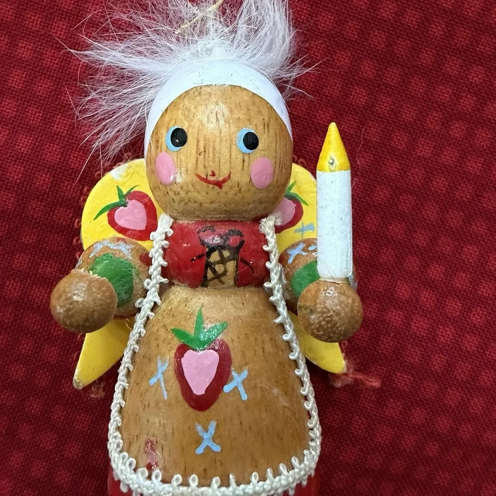 Vintage Handcrafted Wooden Angel Christmas Ornament Strawberry Folk Art